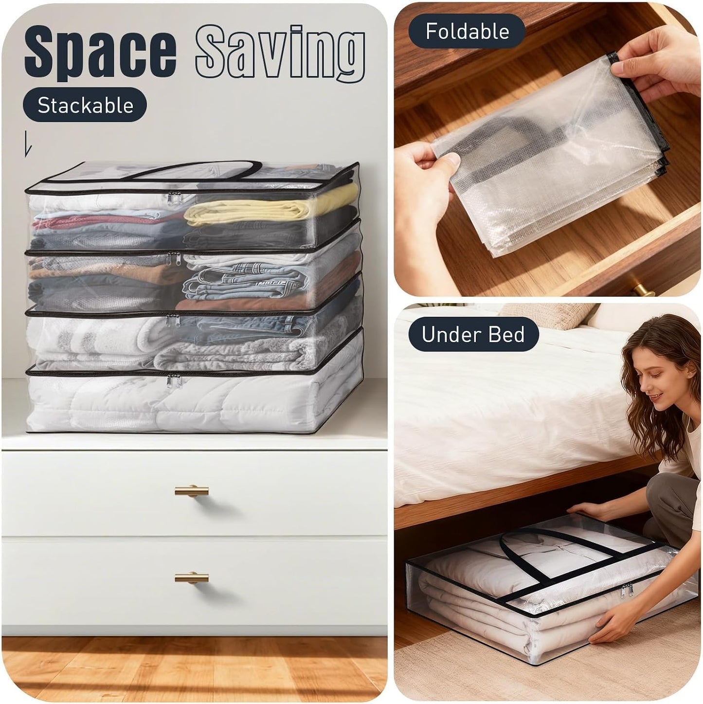 4 Packs Clear Under Bed Storage Containers - 60 L Large Capacity Clothes Storage Bags with Lid & Sturdy Handles, Foldable Moving Bags, Clothing Organizer Totes for Bedding, Comforter, Sheet