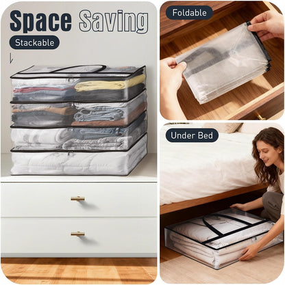 4 Packs Clear Under Bed Storage Containers - 60 L Large Capacity Clothes Storage Bags with Lid & Sturdy Handles, Foldable Moving Bags, Clothing Organizer Totes for Bedding, Comforter, Sheet
