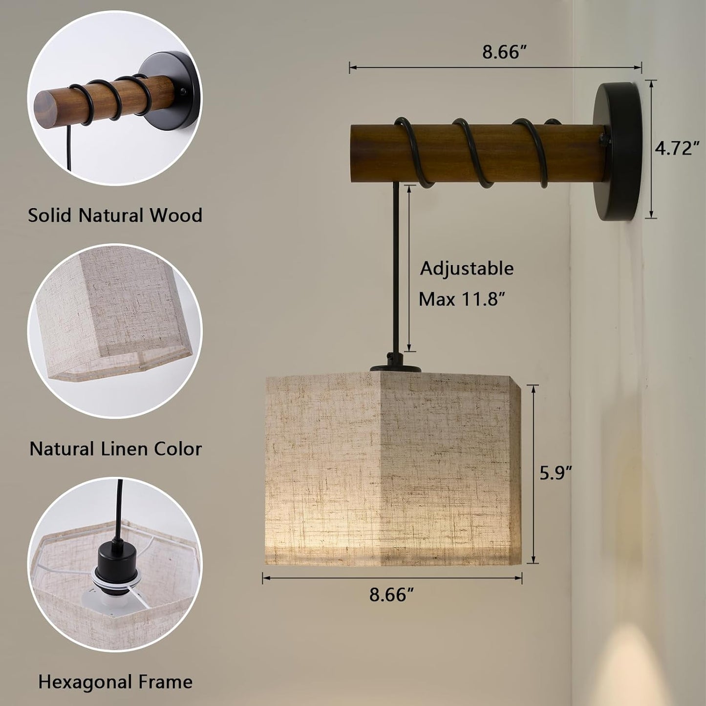 XSDeTu Rechargeable Battery Operated Wall Sconces Set of 2, Modern Battery Powered Wall Light with Wooden Arm & Remote Control, Adjustable 3 Colors Dimmable Wall Lamps for Bedroom, Living Room