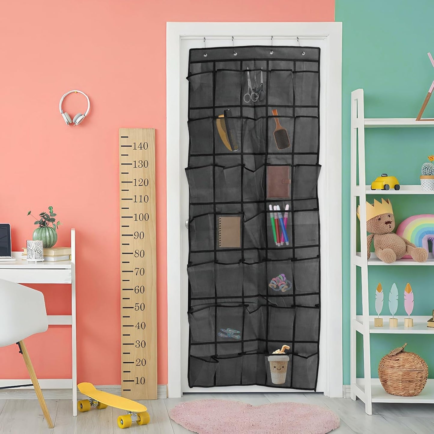 Over the Door Shoe Organizer, 12 Mesh Pockets Hanging Shoe Organizer with 4 Metal Hooks (Black)
