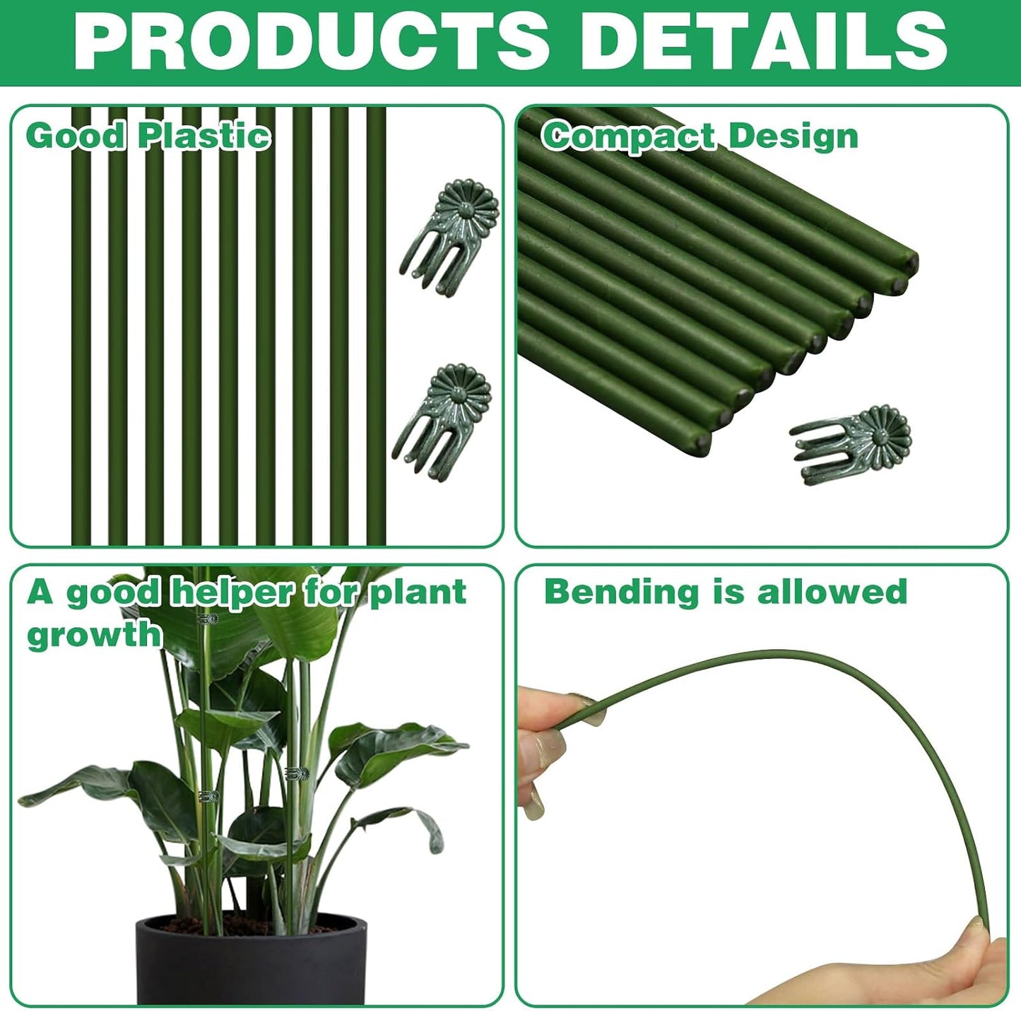 10pcs Green Plant Support Stakes with 15pcs Clips, Bendable Stakes for Tall Plants, Indoor & Outdoor Use
