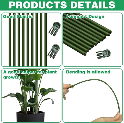 10pcs Green Plant Support Stakes with 15pcs Clips, Bendable Stakes for Tall Plants, Indoor & Outdoor Use