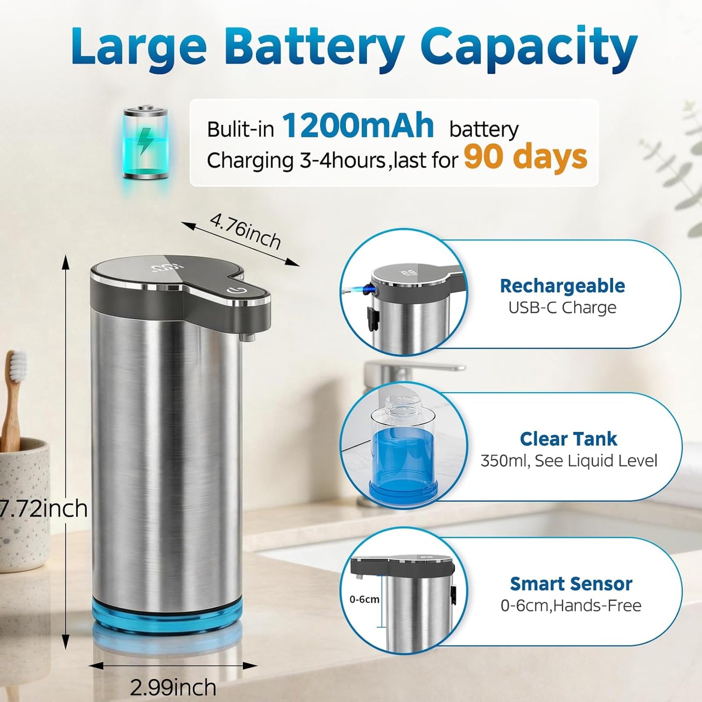 Automatic Foaming Soap Dispenser,Touchless Foam Soap Dispenser,12oz Rechargeabled Wall Mounted Smart for Bathroom and Kitchen Dish Soap,Easy for Toddlers（Brushed Silver）