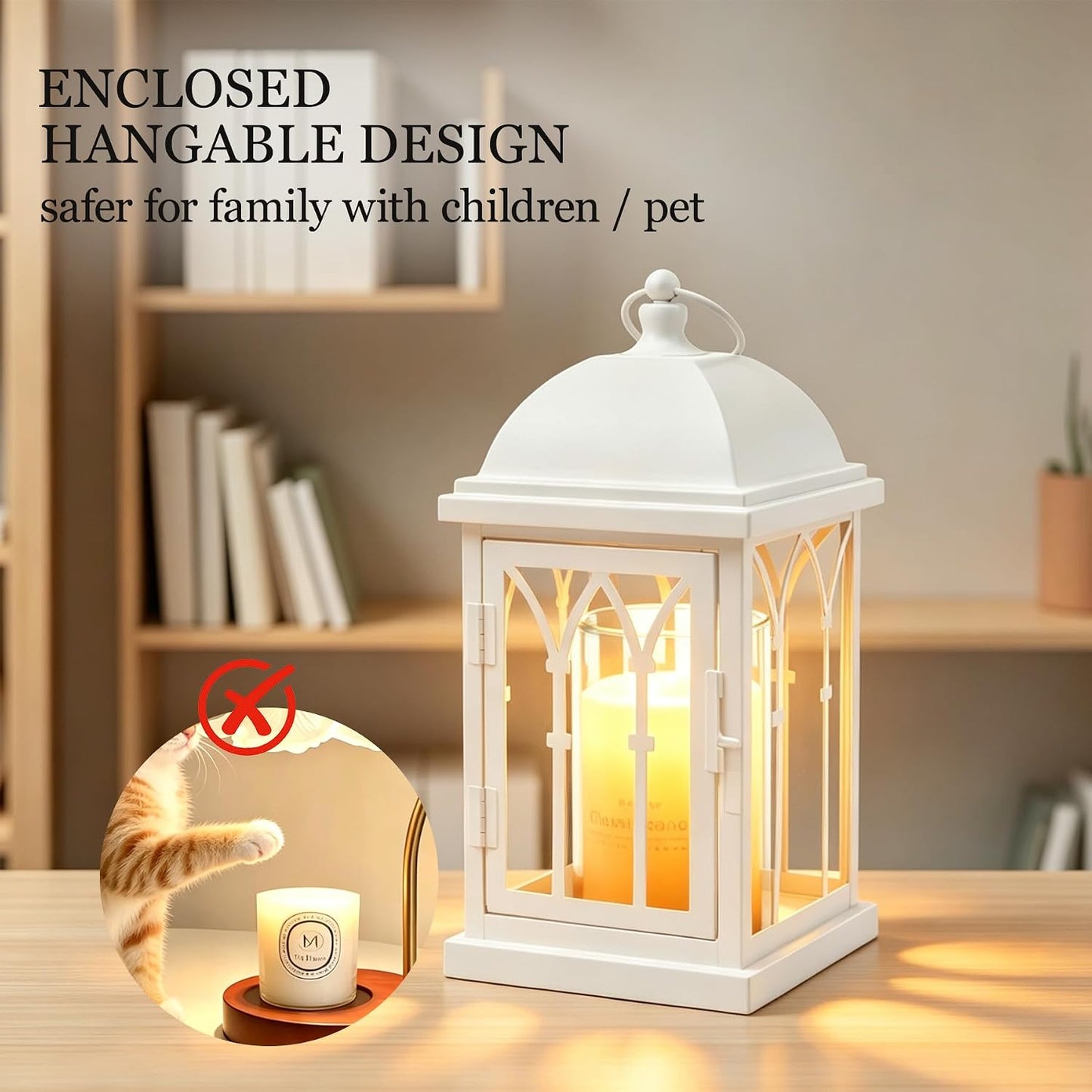 Candle Warmer Lamp with Timer Dimmer,Electric Candle Lamp Lantern Style,Compatible with 3 Wick/Large Candle,Fully Enclosed & Hangable Designed for Family with Pet,Children