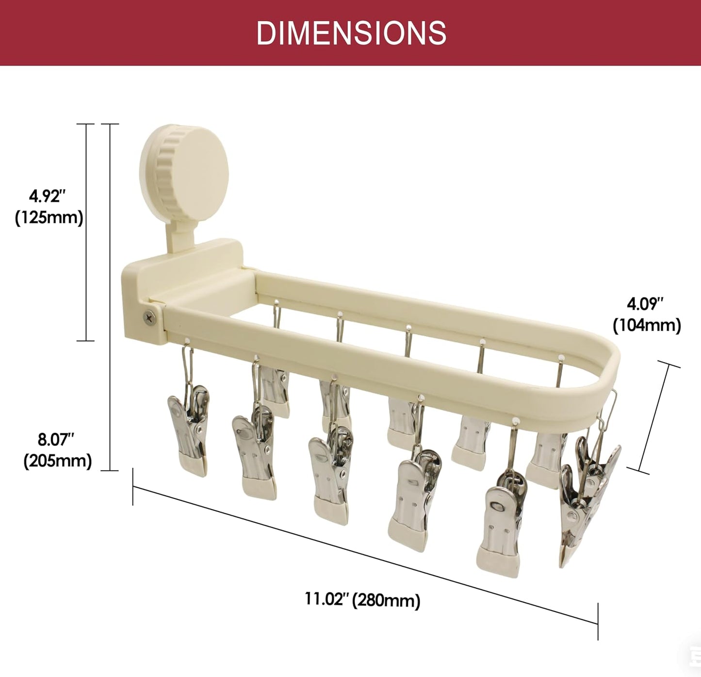 Foldable Laundry Drying Rack with 15 Clips, Wall Mount Suction Cup Hanger for Socks Undergarments Towels, Space Saving Clothes Organizer, Cream White