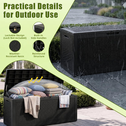 ROJIK 120 Gallon Waterproof Outdoor Deck Storage Box, Lockable Resin Patio Storage Bin with Lid for Garden Tools, Patio Cushions & Outdoor Accessories(Black)