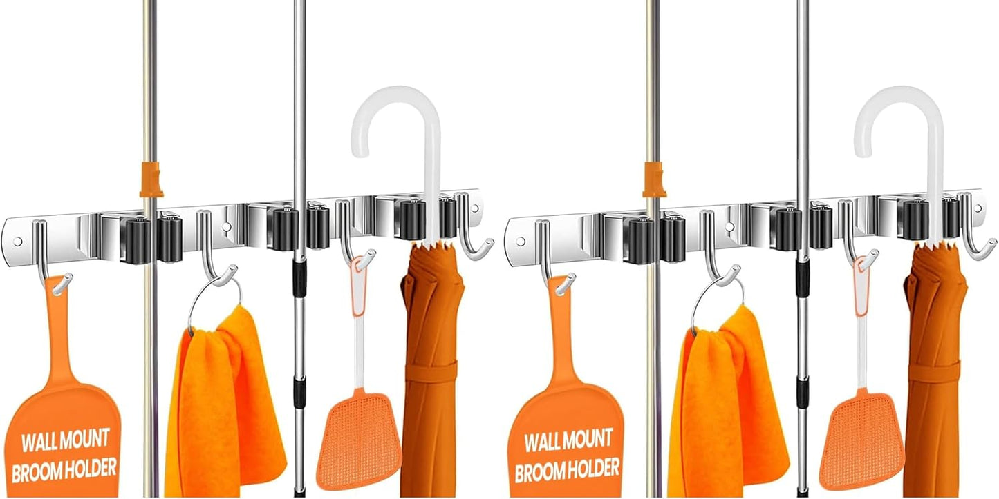 The Good Stuff Heavy Duty Mop and Broom Holder Wall Mount – Stainless Steel 5-Rack Organizer with 4 Hooks – Space Saving, Rust-Resistant Utility Rack for Garage, Kitchen, Laundry or Garden Tools
