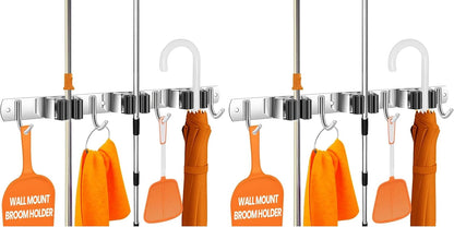 The Good Stuff Heavy Duty Mop and Broom Holder Wall Mount – Stainless Steel 5-Rack Organizer with 4 Hooks – Space Saving, Rust-Resistant Utility Rack for Garage, Kitchen, Laundry or Garden Tools