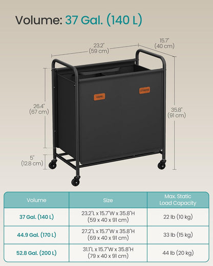 SONGMICS 3-Section Laundry Sorter, Laundry Hamper with Wheels, Rolling Clothes Hamper Cart with Large Capacity and Removable Bags, for Laundry Room, Bedroom, Bathroom, Ink Black URLS330B01