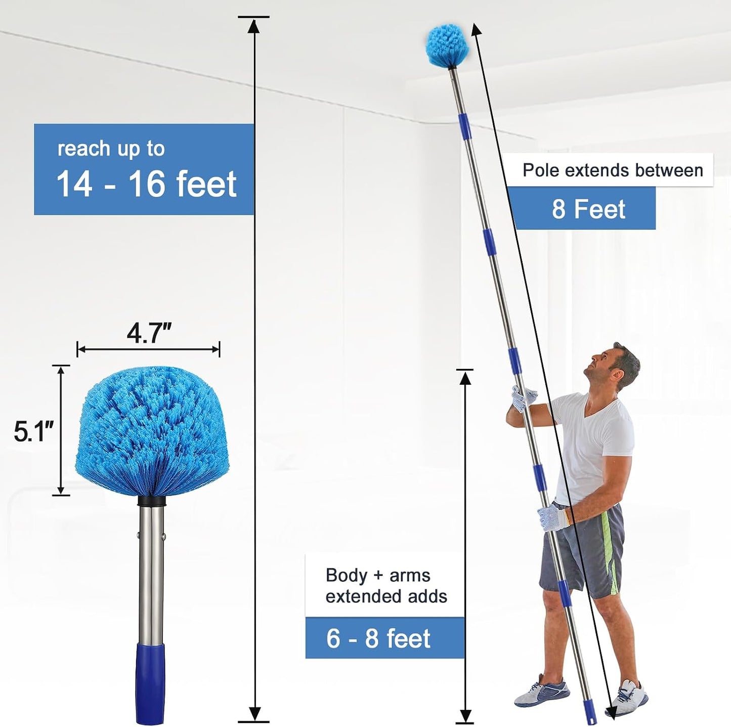 Cobweb Duster with Extension Pole - 6 FT Lightweight Stainless Steel Extendable Duster Ceiling Fan Duster for High Ceilings, Medium Stiff PET Bristle Spider Web Brush for Indoor/Outdoor Cleaning