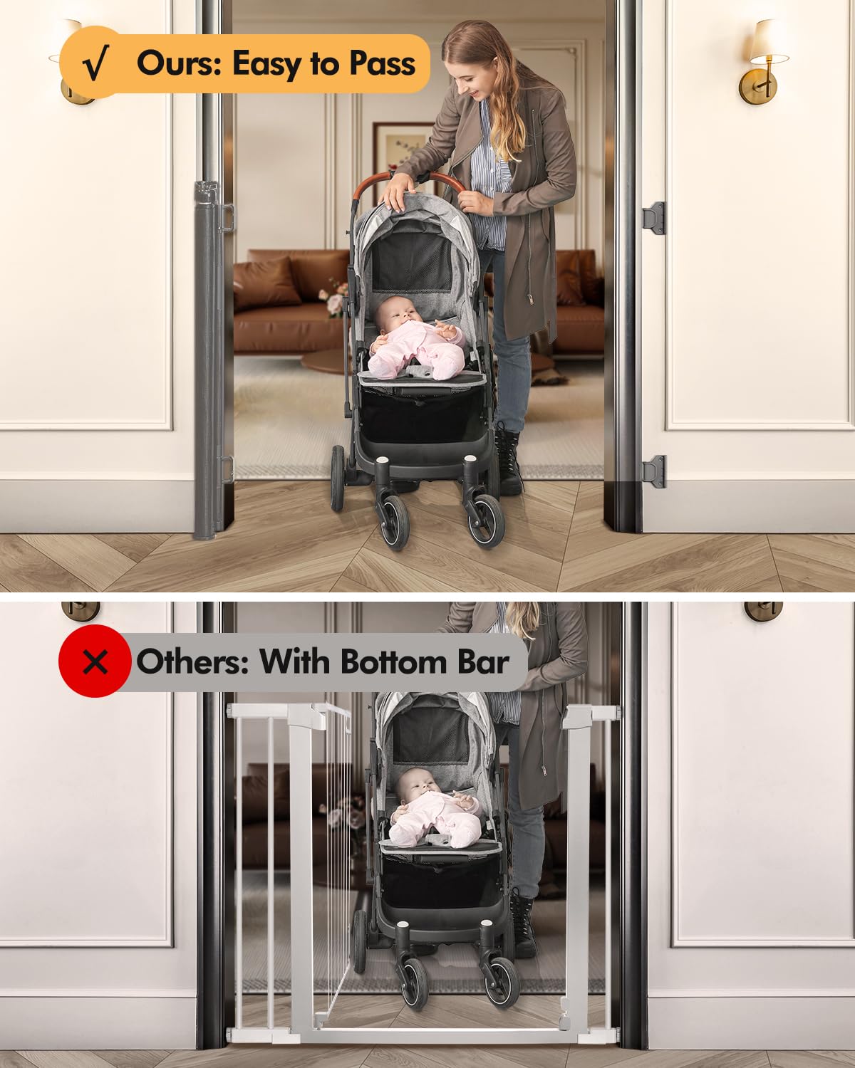 Retractable Baby Gate for Stairs & Doorways, 55" Wide x 33.6" Tall Easy Installation Mesh Dog Gate for Indoor & Outdoor Use,Pet and Dog Safety Gate for Hallways(Grey)