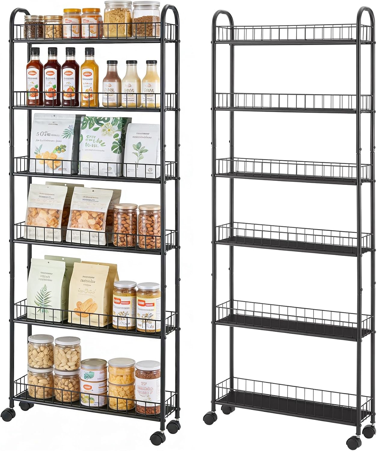 10in 6-Tier Slim Storage Cart with Wheels, Metal 10in Wide Black Narrow Rolling Shelf, Sturdy Slim Storage with Hooks Ideal for Kitchen, Bathroom, and Laundry Room