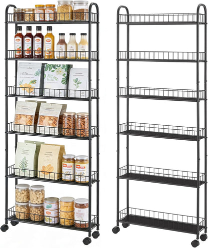 10in 6-Tier Slim Storage Cart with Wheels, Metal 10in Wide Black Narrow Rolling Shelf, Sturdy Slim Storage with Hooks Ideal for Kitchen, Bathroom, and Laundry Room