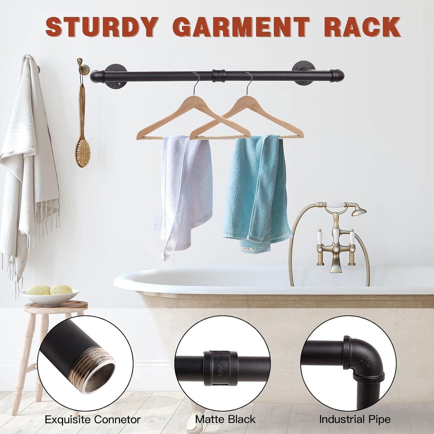 Gold Wall Mount Iaundry Drying Rack - 54" Pipe Garment Rack, Portable Heavy Duty Iron Closet Hanger Rod, Modern Metal Detachable DIY Hanging Bar for Laundry Room and Closet Storage