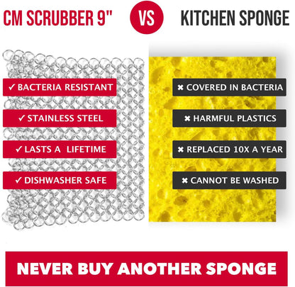Knapp Made CM Scrubber 4" x 4" Small Ring Chainmail Cast Iron Scrubber, Premium Stainless Steel Mesh Cleaner for Pre-Seasoned Pans, Dutch Ovens, Grills and Skillets