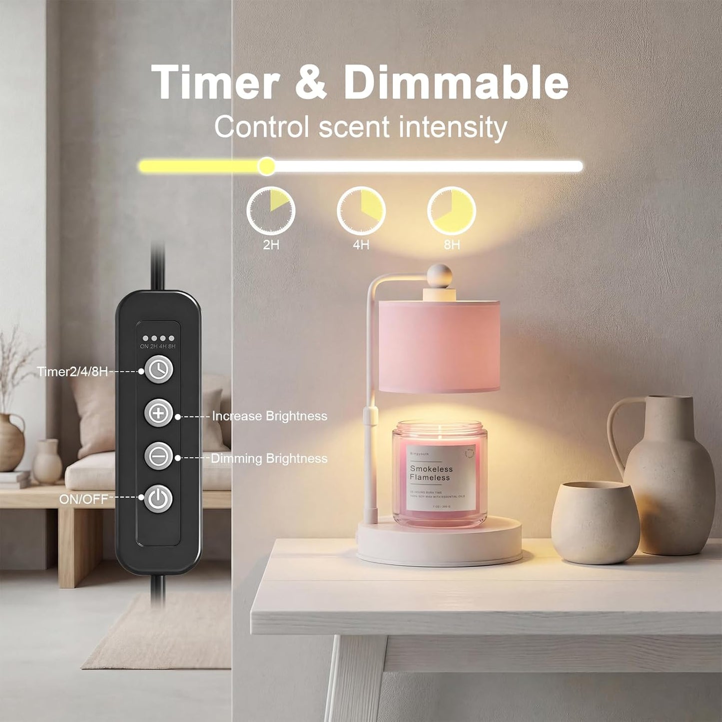 Candle Warmer Lamp with Timer, Modern Farmhouse Candle Warmer, Height Adjustable & Dimmable Electric Candle Warmer Lamp, Includes 2 Bulbs, Birthday Gift for Women, Mom, Housewarming - Flaxen
