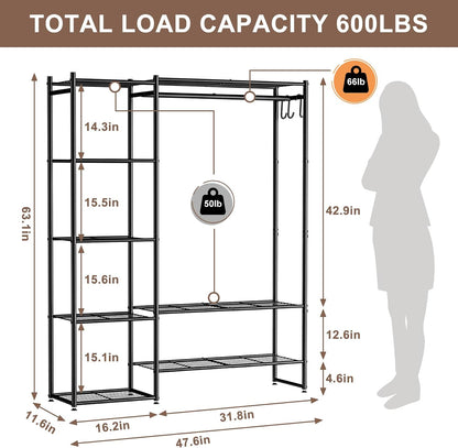 Neprock Wardrobe Closet, Portable Clothing Rack for Hanging Clothes, Free Standing Closet Organizers and Storage System with 4 Tiers Shelves for Cloakroom Bedroom,Black