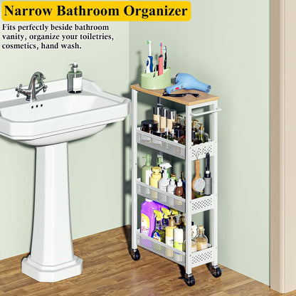 OKZEST Utility Slim Storage Cart, 4 Tier Small Rolling Kitchen Laundry Room Cart with Wood Top, Metal Narrow Bathroom Storage Cabinet Mobile Shelf Unit Organizer Trolley with Handle for Narrow Space