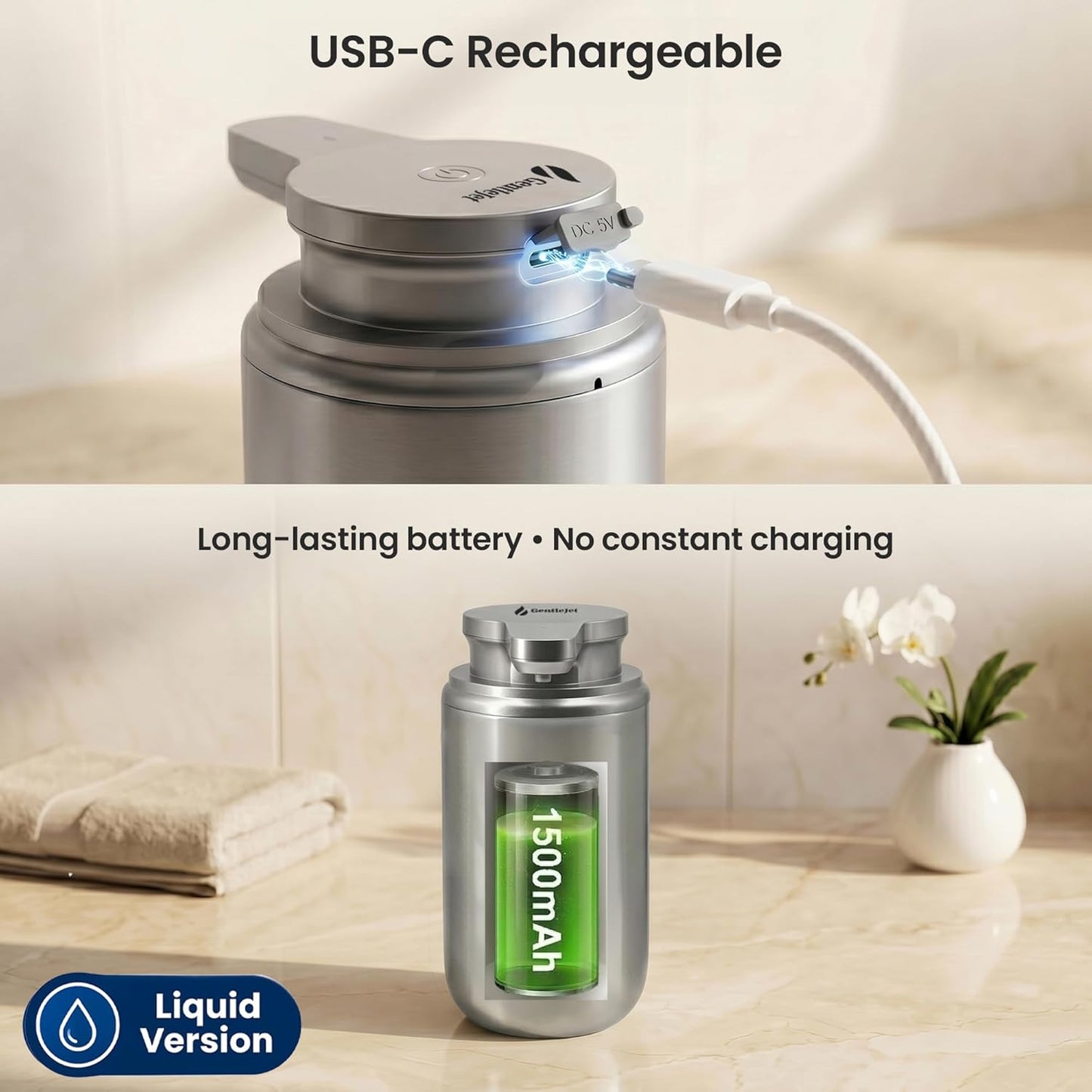 GentleJet WaveJet Automatic Foaming Soap Dispenser – Touchless Sensor, USB-C Rechargeable, 304 Stainless Steel, IPX5 Waterproof for Bathroom Kitchen Sink, 12 oz / 350 ml