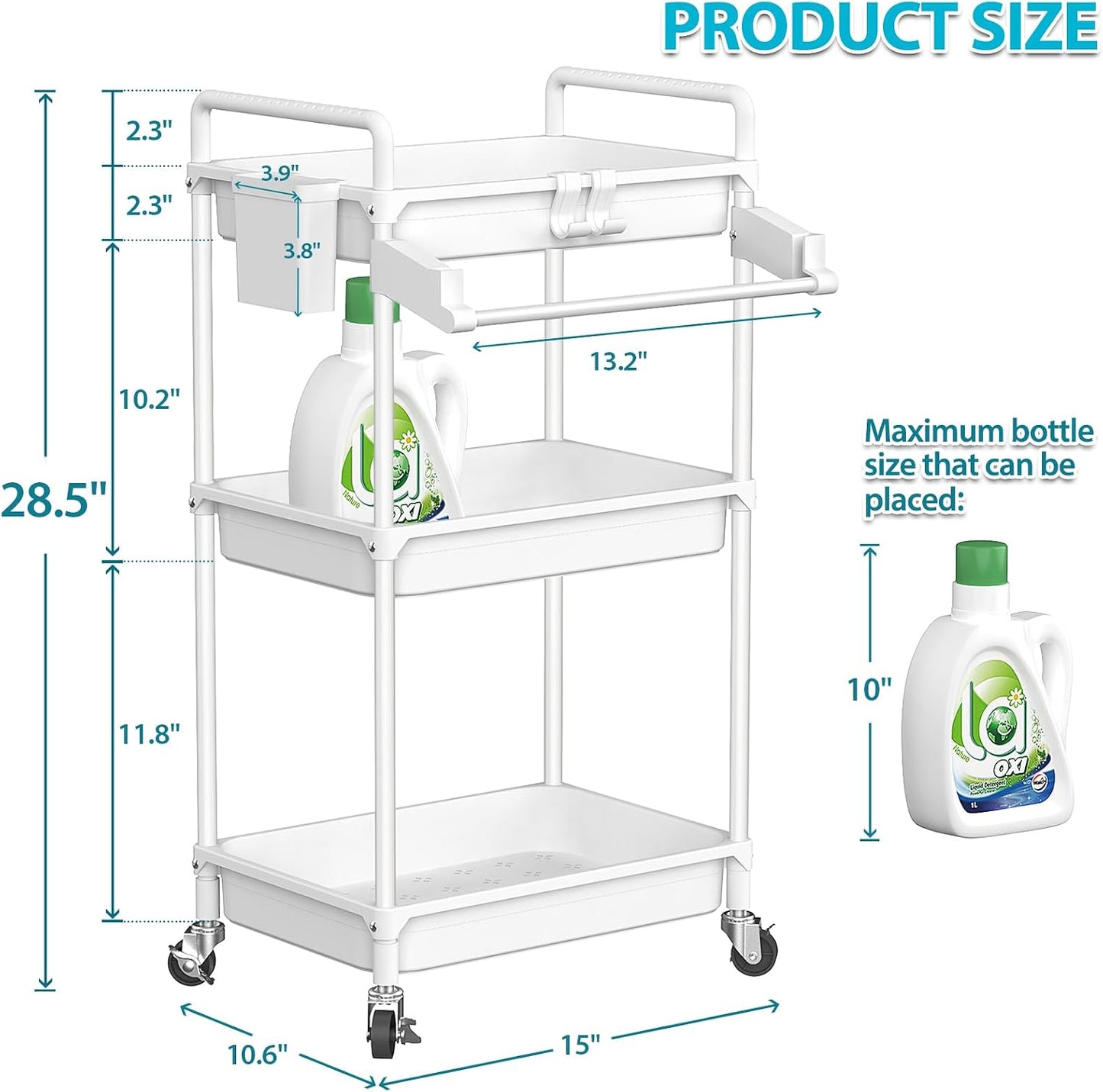 SPACEKEEPER Rolling Storage Cart, 4-Tier Bathroom Organizer Utility Cart Laundry Room Organization Mobile Shelving Unit with Towel Rack, Lockable Wheel, Hooks & Cup for Kitchen Bedroom Office, White