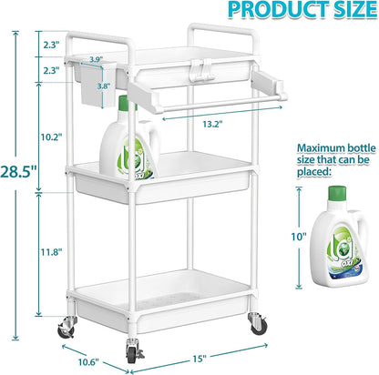 SPACEKEEPER Rolling Storage Cart, 4-Tier Bathroom Organizer Utility Cart Laundry Room Organization Mobile Shelving Unit with Towel Rack, Lockable Wheel, Hooks & Cup for Kitchen Bedroom Office, White