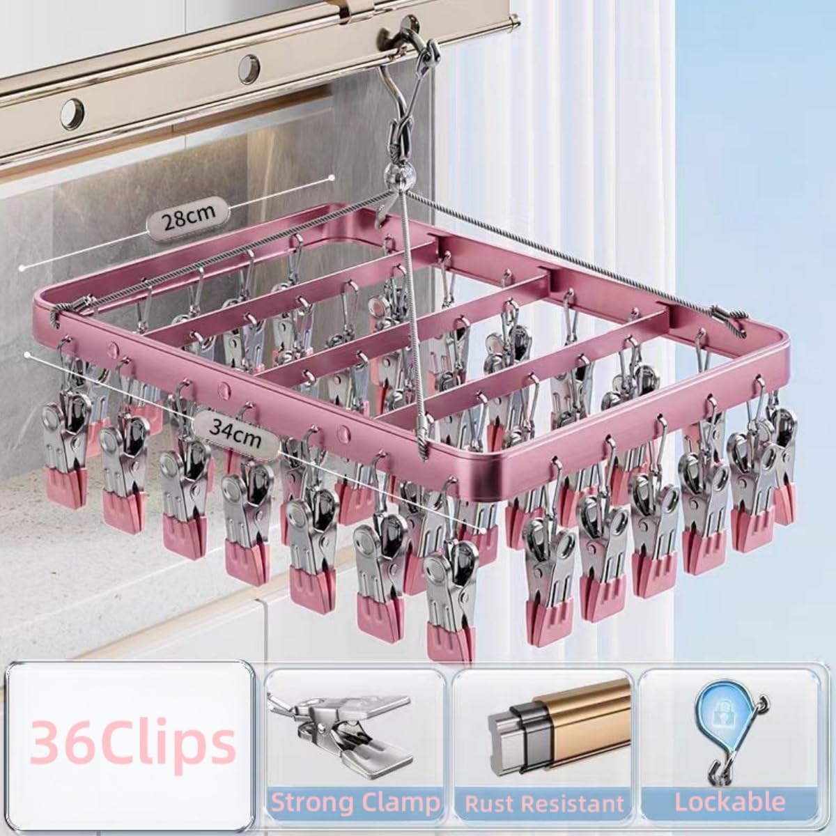 Pants Hangers Clothes Drying Racks Clip Hangers Metal with 36 Clips Windproof Underwear Hanger Foldable Laundry Clip for Jeans Yoga Leggings Trousers Socks Bras (Pink)