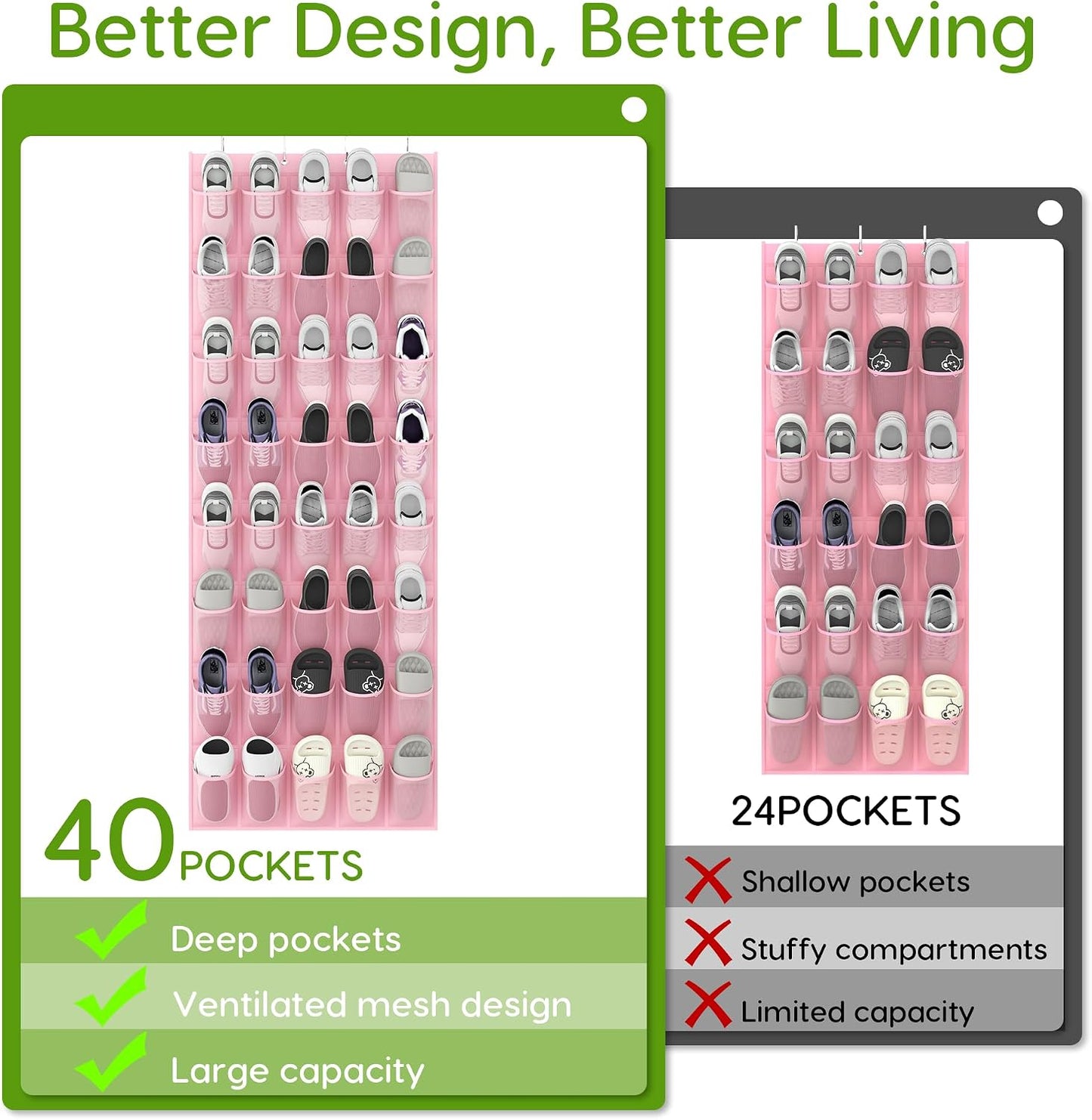 Over the Door Shoe Organizer with 40 Large Breathable Mesh Pockets, Space Saving Shoe Holder, Hanging Shoe Rack for Entryway Bedroom Closet Storage (White, 40 Pockets)