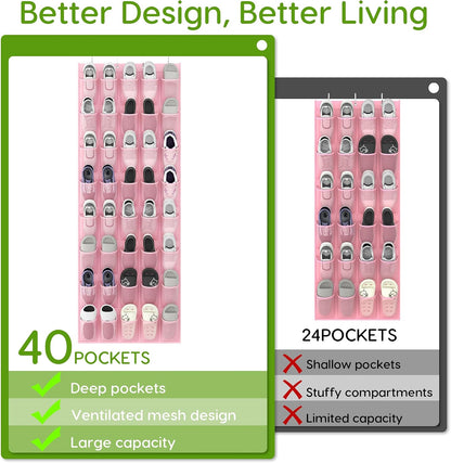 Over the Door Shoe Organizer with 40 Large Breathable Mesh Pockets, Space Saving Shoe Holder, Hanging Shoe Rack for Entryway Bedroom Closet Storage (White, 40 Pockets)