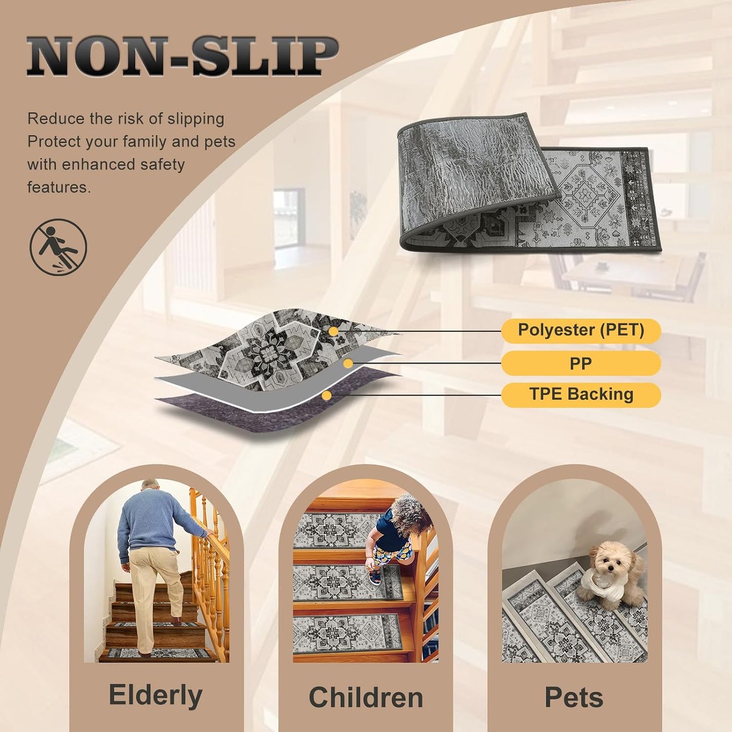 Non Slip Stair Treads for Wooden Steps, 15 Pack 8"x30" Washable Carpet | 8x30 in soft chenille polyester stair treads with reusable TPE backing for indoor wood stairs, dogs, kids, and seniors