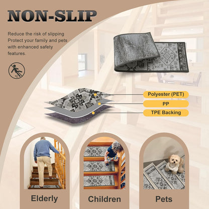 Non Slip Stair Treads for Wooden Steps, 15 Pack 8"x30" Washable Carpet | 8x30 in soft chenille polyester stair treads with reusable TPE backing for indoor wood stairs, dogs, kids, and seniors