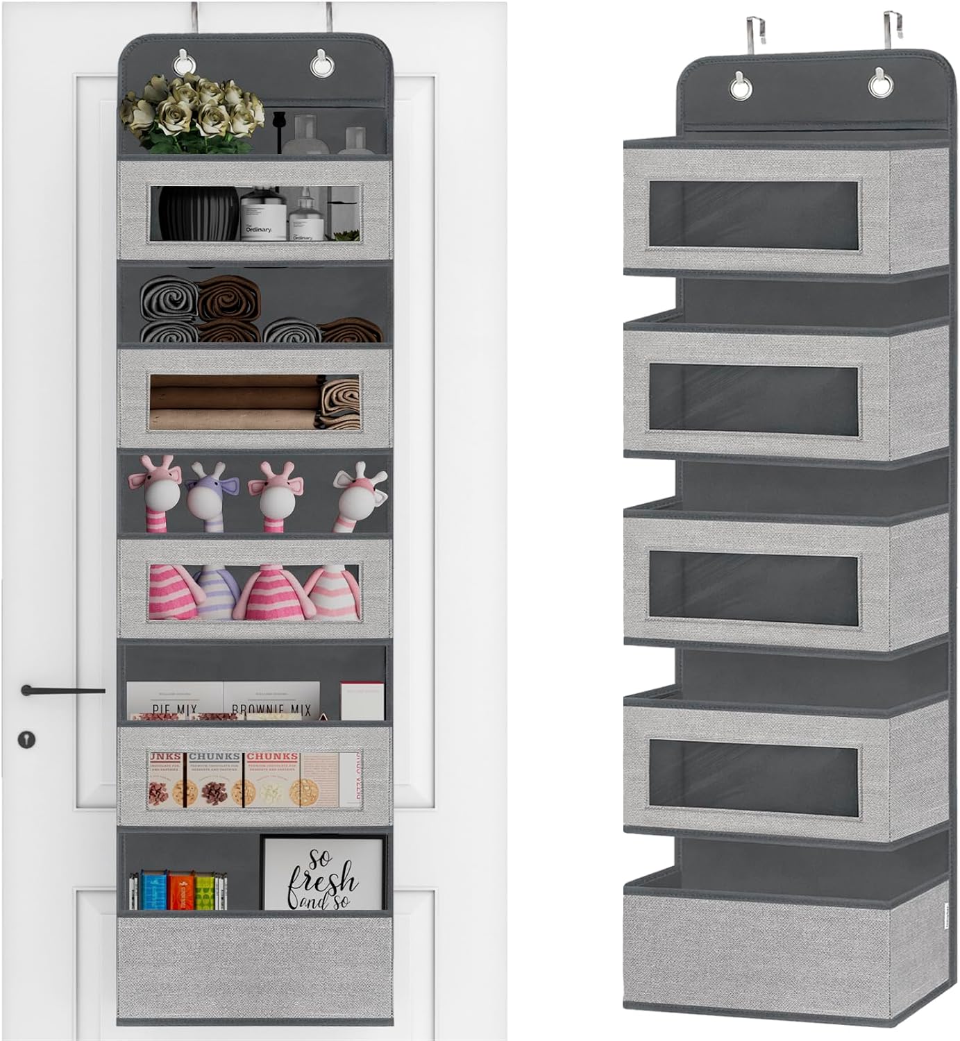 Over The Door Hanging Organizer Storage with 5 Large Pockets,Wall Mount Clear Windows and 2 Widened Metal Hooks for Pantry,Nursery,Diapers,Bathroom,Kitchen,Closet,Dorm