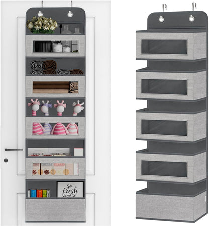 Over The Door Hanging Organizer Storage with 5 Large Pockets,Wall Mount Clear Windows and 2 Widened Metal Hooks for Pantry,Nursery,Diapers,Bathroom,Kitchen,Closet,Dorm