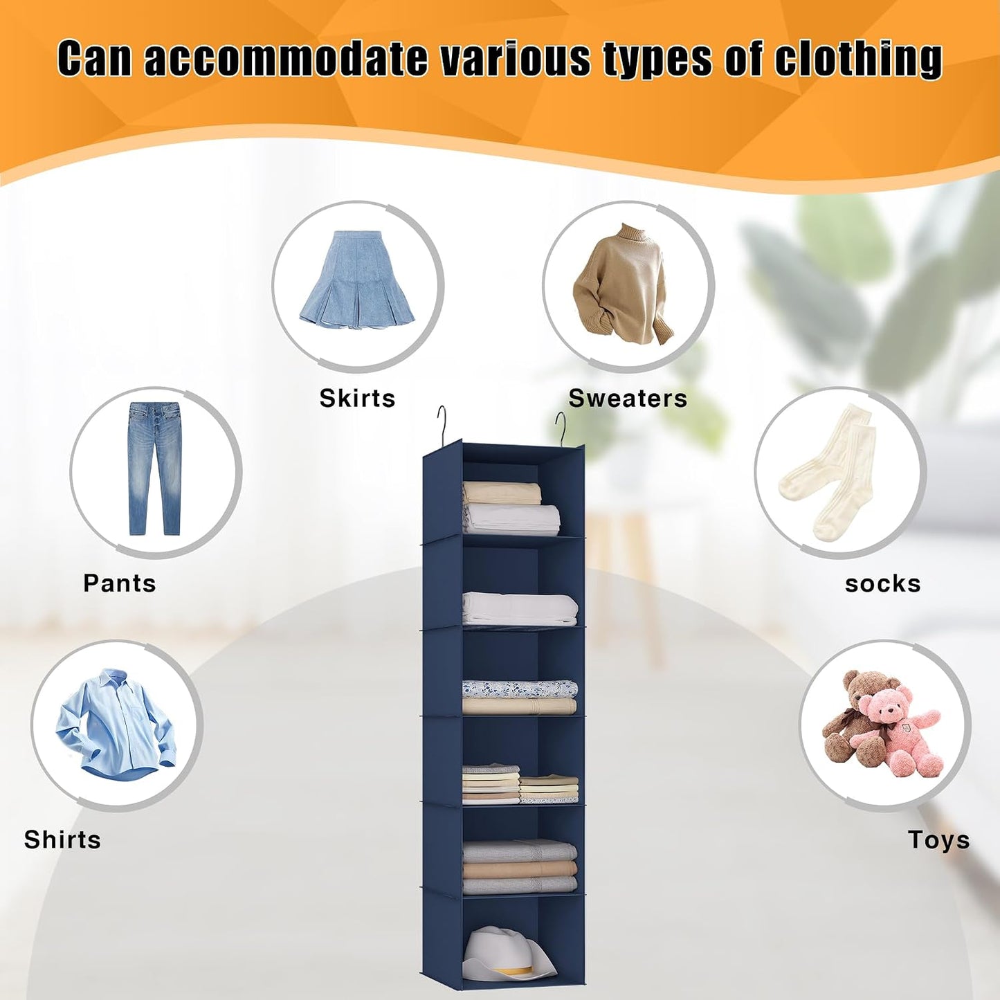 Hanging Closet Organizer 3-Shelf, Oxford Fabric Wardrobe Storage, Gray | Easy-mount foldable design holds clothes, handbags, shoes & accessories; washable Oxford fabric, sturdy and space-saving.