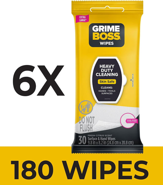 Grime Boss Heavy Duty Surface and Hand Wipes (2x60ct) | Remove Paint, Oil, Grease, Adhesives, Mud, Dirt | Workshop Replace Cleaners like Rags, Towels, Pumice, Soap
