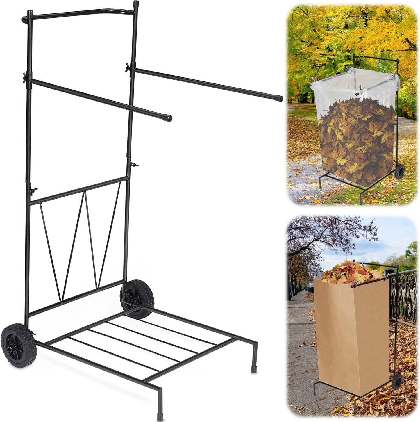 Portable Trash Bag Holder with Wheel, Adjustable 30-45 Gallon Outdoor Leaf Bag Stand, Durable Trash Bag Rack, for Yard, Lawn Cleanup, Gardening, Camping & Parties
