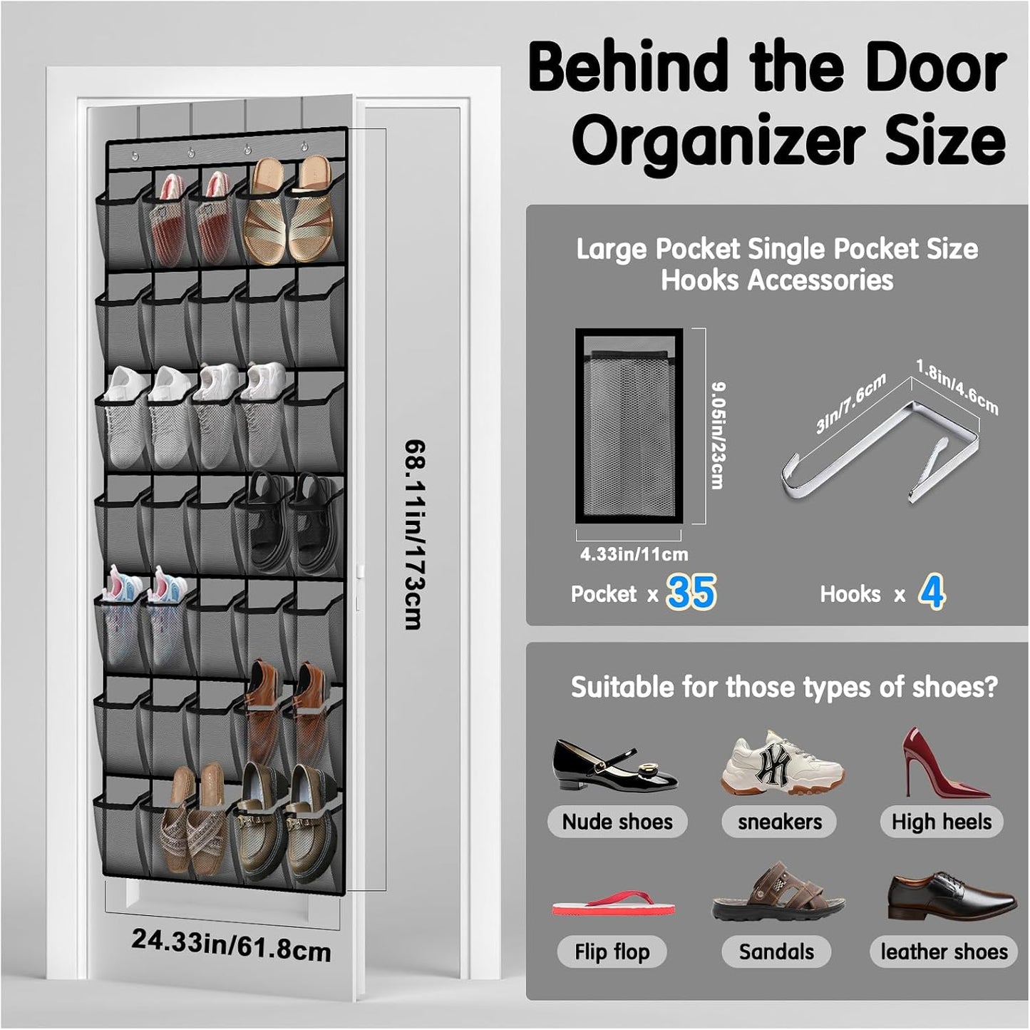 Kotkn 35 Compartment Over The Door Storage - Breathable Mesh Hanging Organizer with Large Pockets, Space Saving Design for Men & Women's Footwear, Closet, Bedroom （White）
