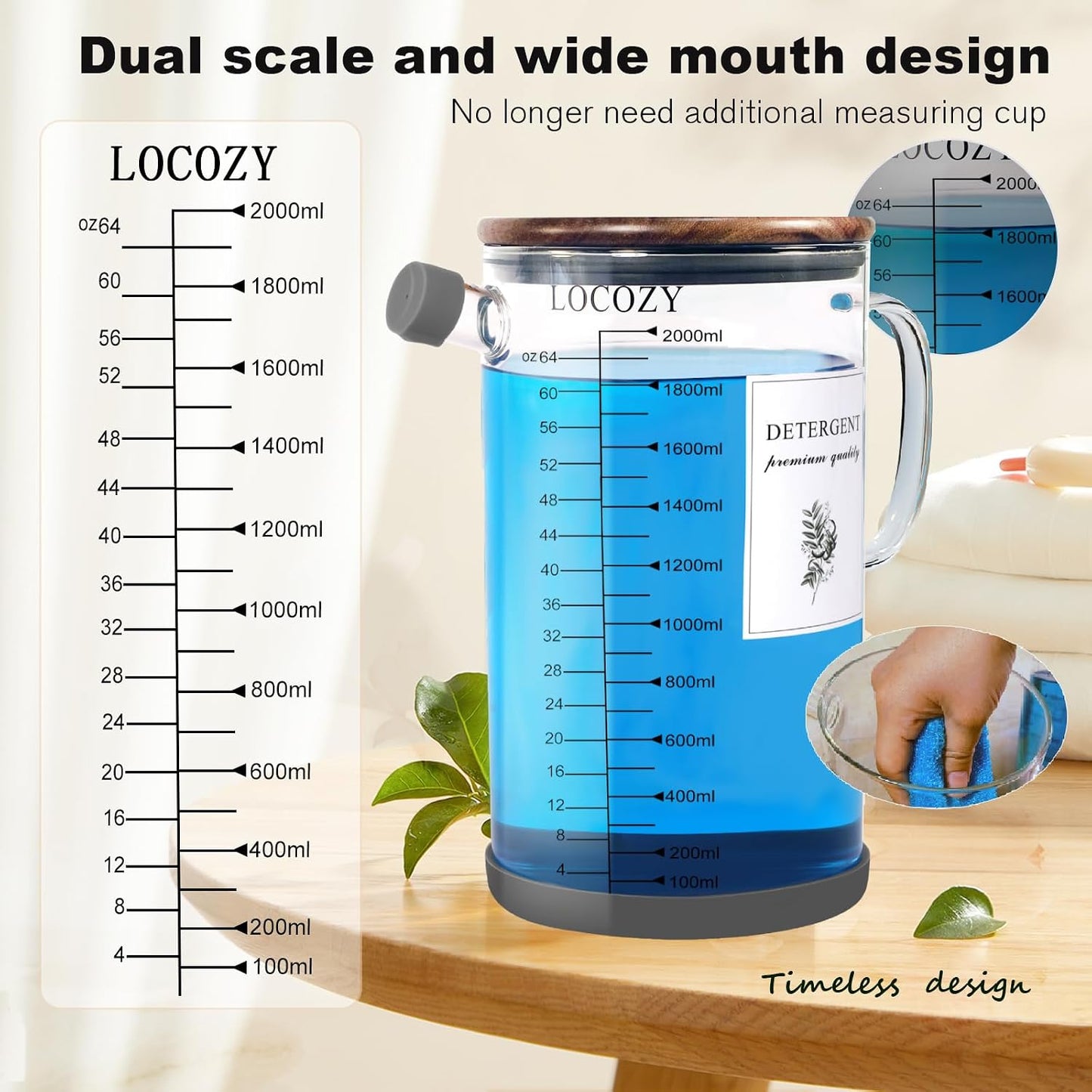 2-Pack 50oz Glass Laundry Detergent Dispenser with Acacia Wood Lid - Airtight Design, Dual oz/ml Scales | Laundry Room Organization & Storage for Fabric Softener, Beads, Powder, Bleach