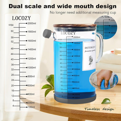 2-Pack 50oz Glass Laundry Detergent Dispenser with Acacia Wood Lid - Airtight Design, Dual oz/ml Scales | Laundry Room Organization & Storage for Fabric Softener, Beads, Powder, Bleach