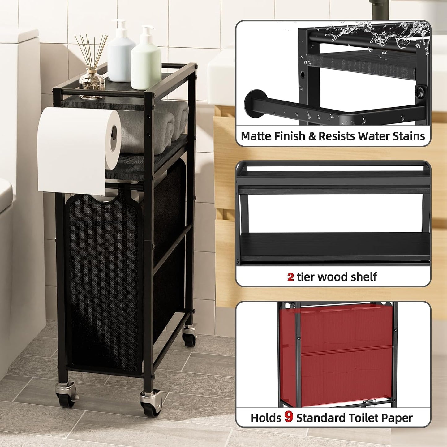 Toilet Paper Holder with Storage Bag & Wheels - Freestanding Bathroom Organizer Holds 9 Rolls for Small Spaces, Essentials Storage Beside Toilet-Brown