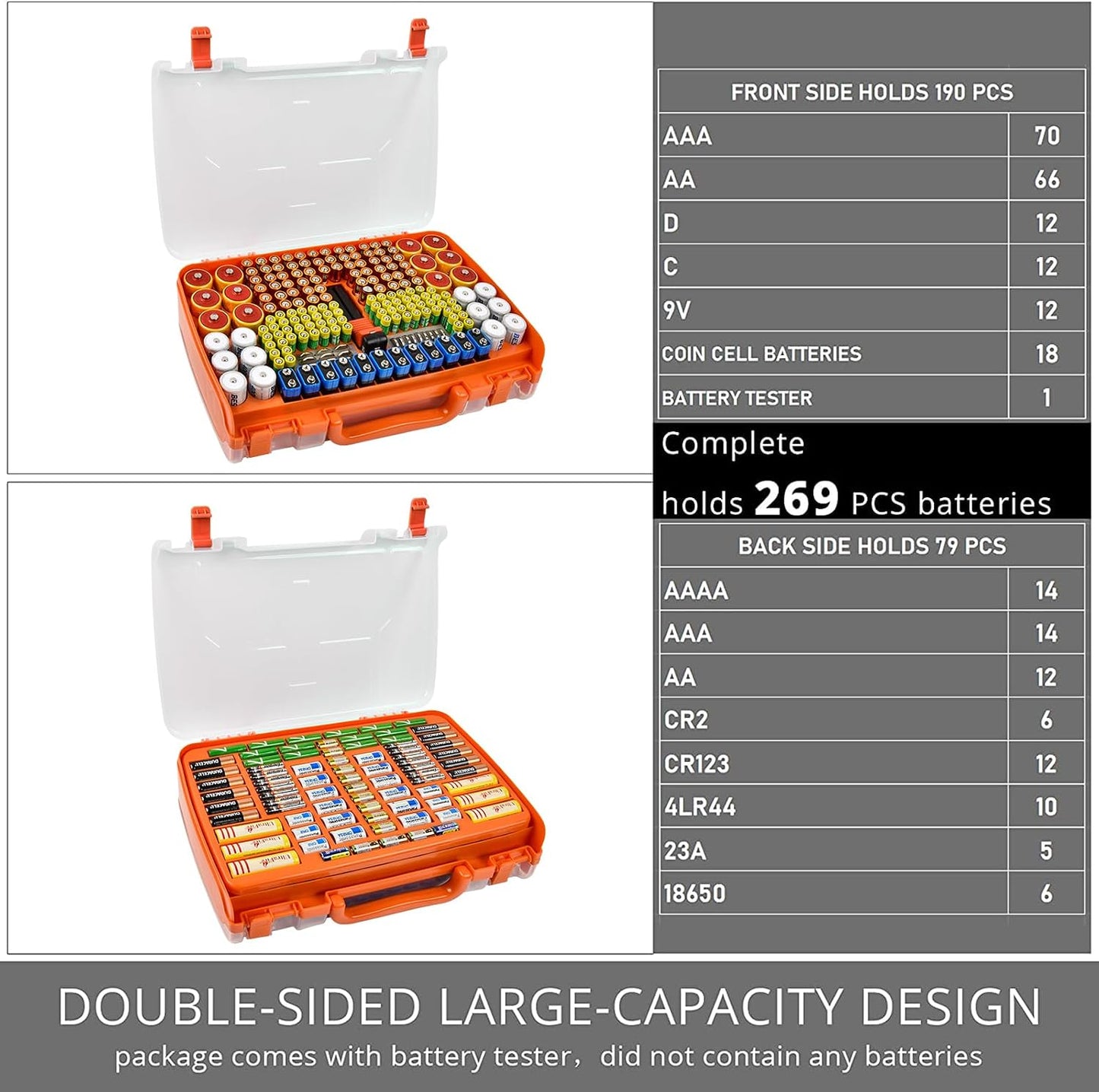 Battery Organizer Storage Case with Tester for 269 Batteries, Double Sides | Plastic, For AA AAA 4A C D Cell 9V 3V LR44 CR2 CR123 CR1632 18650 Button, Wall/Drawer, For Families/DIY/Home/Garage, Grey