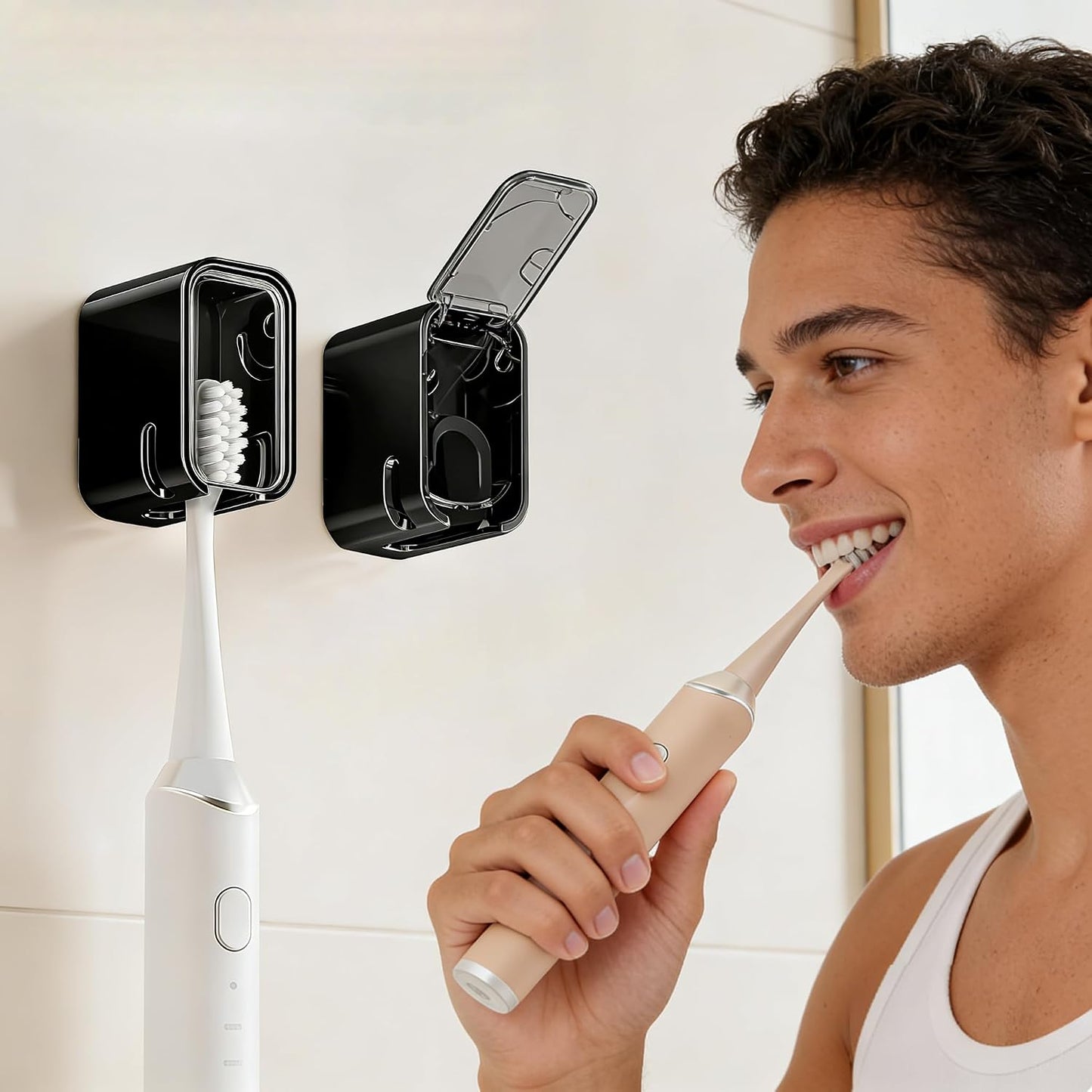 Toothbrush Holder for Bathroom, 4 Pcs Dustproof Tooth Brush Head Cover Wall Mounted with 2 Toothpaste Squeezer, Self Adhesive Toothbrush Dispenser Storage Organizer for Shower Travel Family