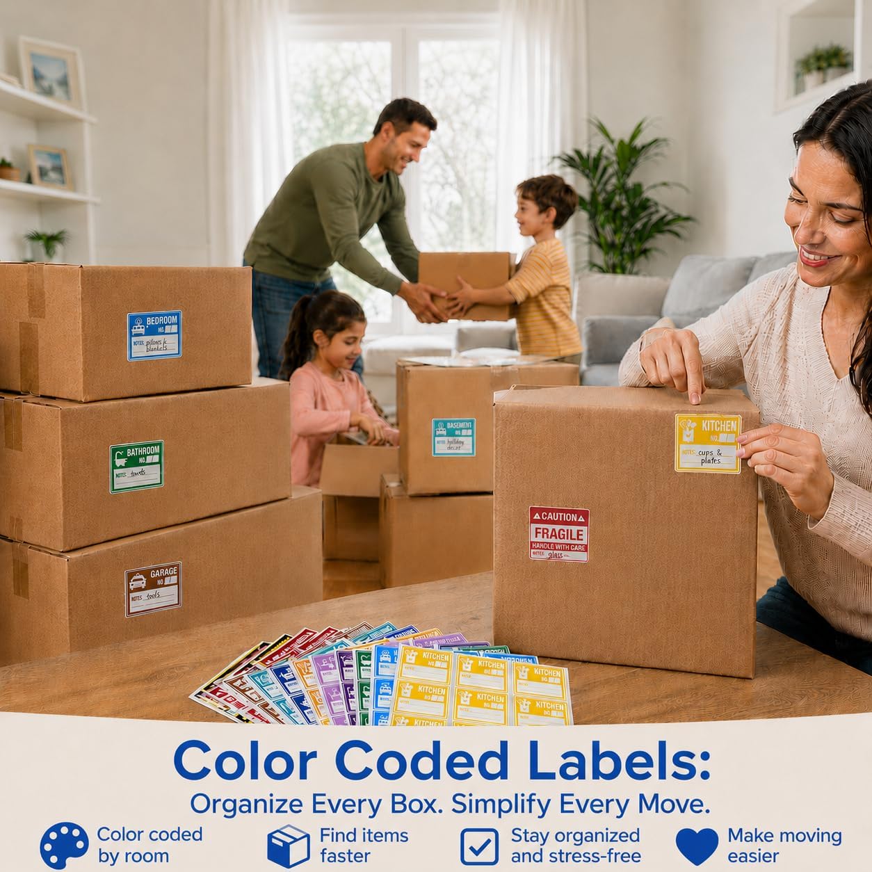 Moving Labels – 600 Premium Waterproof Color-Coded Removable Packing Stickers, 40 Sheets x 15 Medium Labels, Home & Storage
