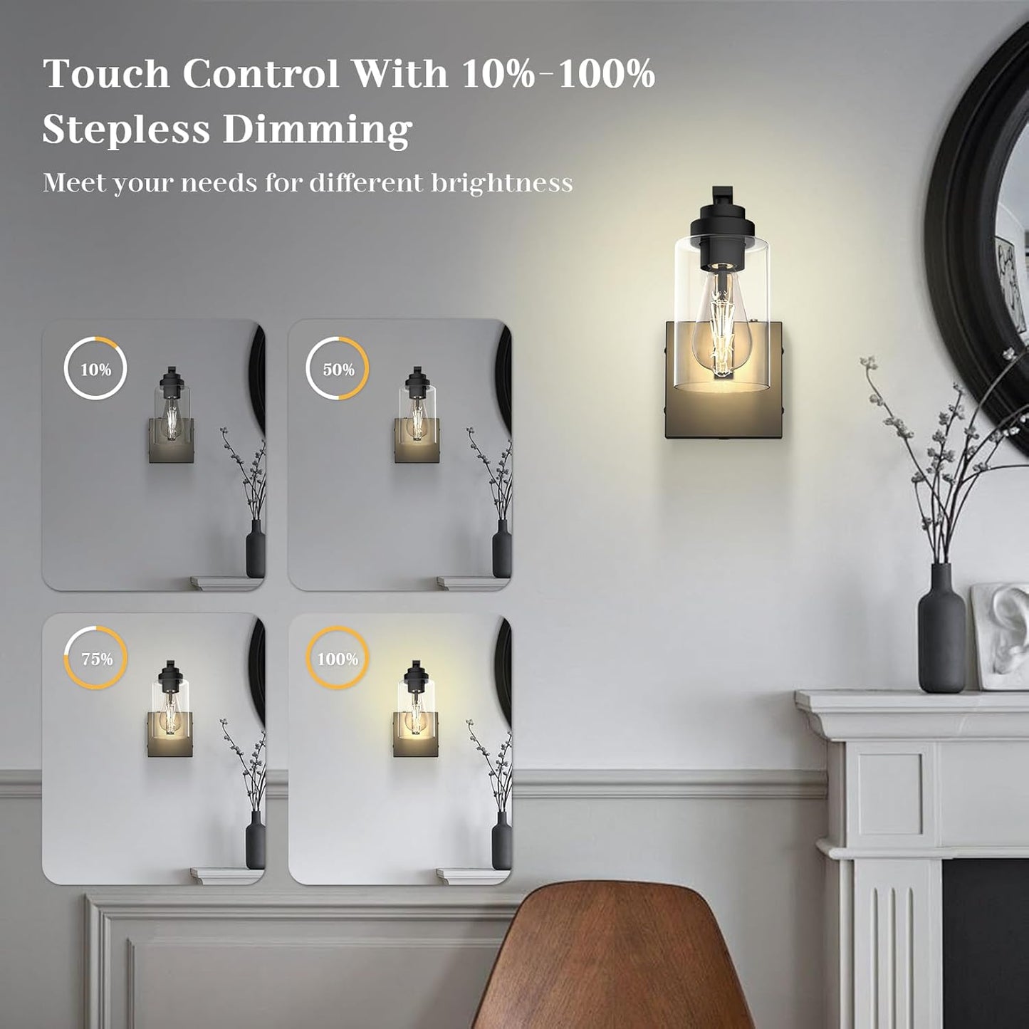 Battery Operated Wall Sconce Set of 2 with Remote Control, Rechargeable Wireless Led Glass Wall Lamp Indoor, Cordless Wall Light Fixtures Wall Mount for Bedroom Bathroom Hallway Farmhouse, Black