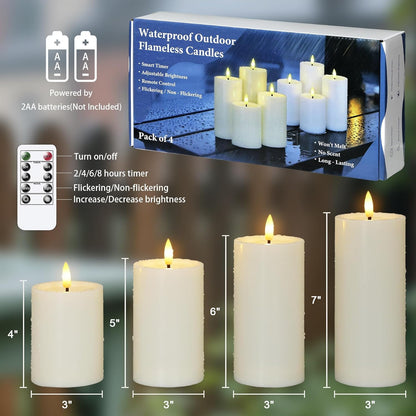 Yeelida Outdoor 4pcs Flameless Waterproof Candles with Handy Remote Control, Cycle Timer Battery Operated Candle Grease Effect LED Flickering Pillar Plastic Long Lasting (White, 3" x4" 5" 6" 7")