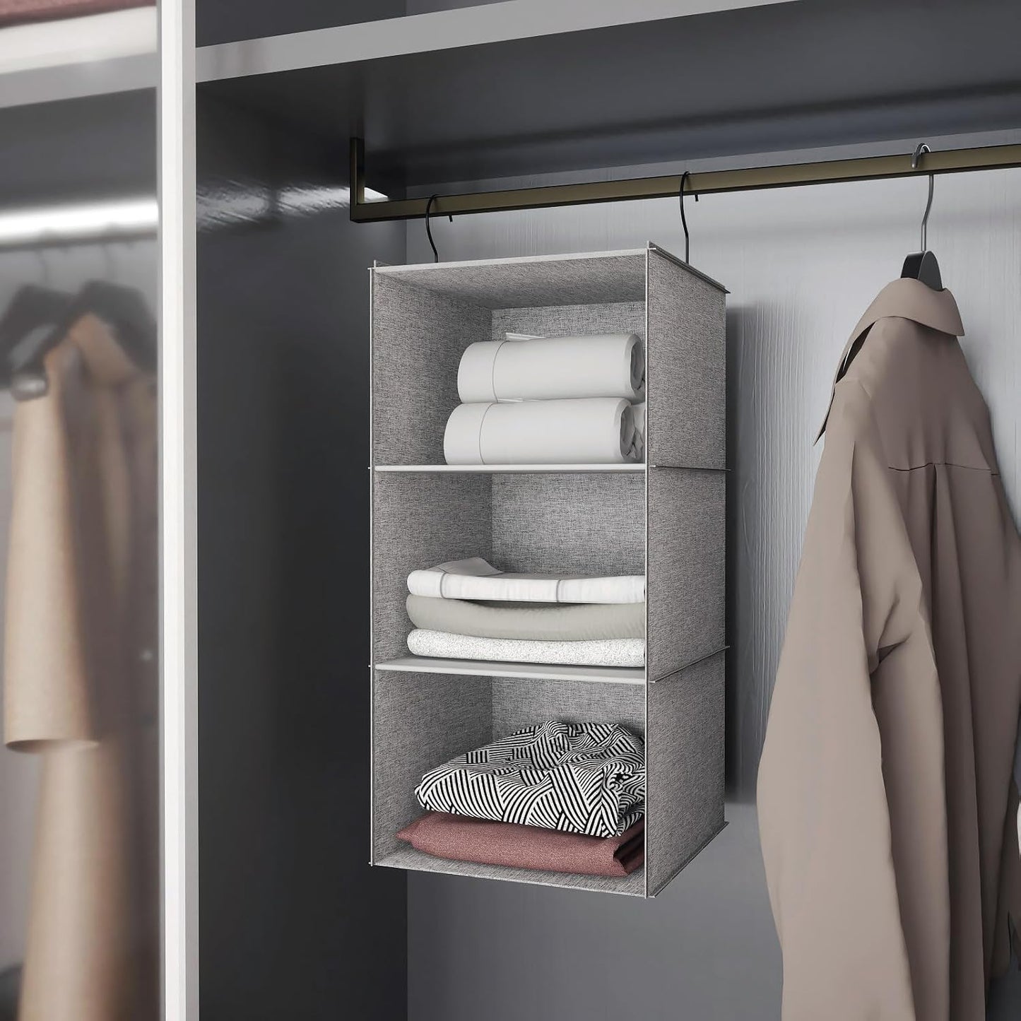 Hanging Closet Organizer 3-Shelf, Oxford Fabric Wardrobe Storage, Gray | Easy-mount foldable design holds clothes, handbags, shoes & accessories; washable Oxford fabric, sturdy and space-saving.