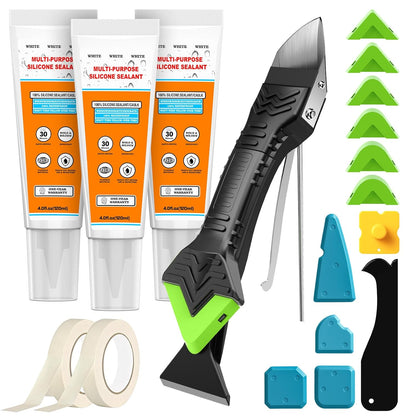White Silicone Caulk Set-12oz Waterproof Silicone sealant,5 in 1 Caulk Tool with Caulk Remover Tool & Caulk Finishing Tool,Silicone Caulking Tool Kit of Bathroom Caulk, Shower Caulk, Bathtub Caulk
