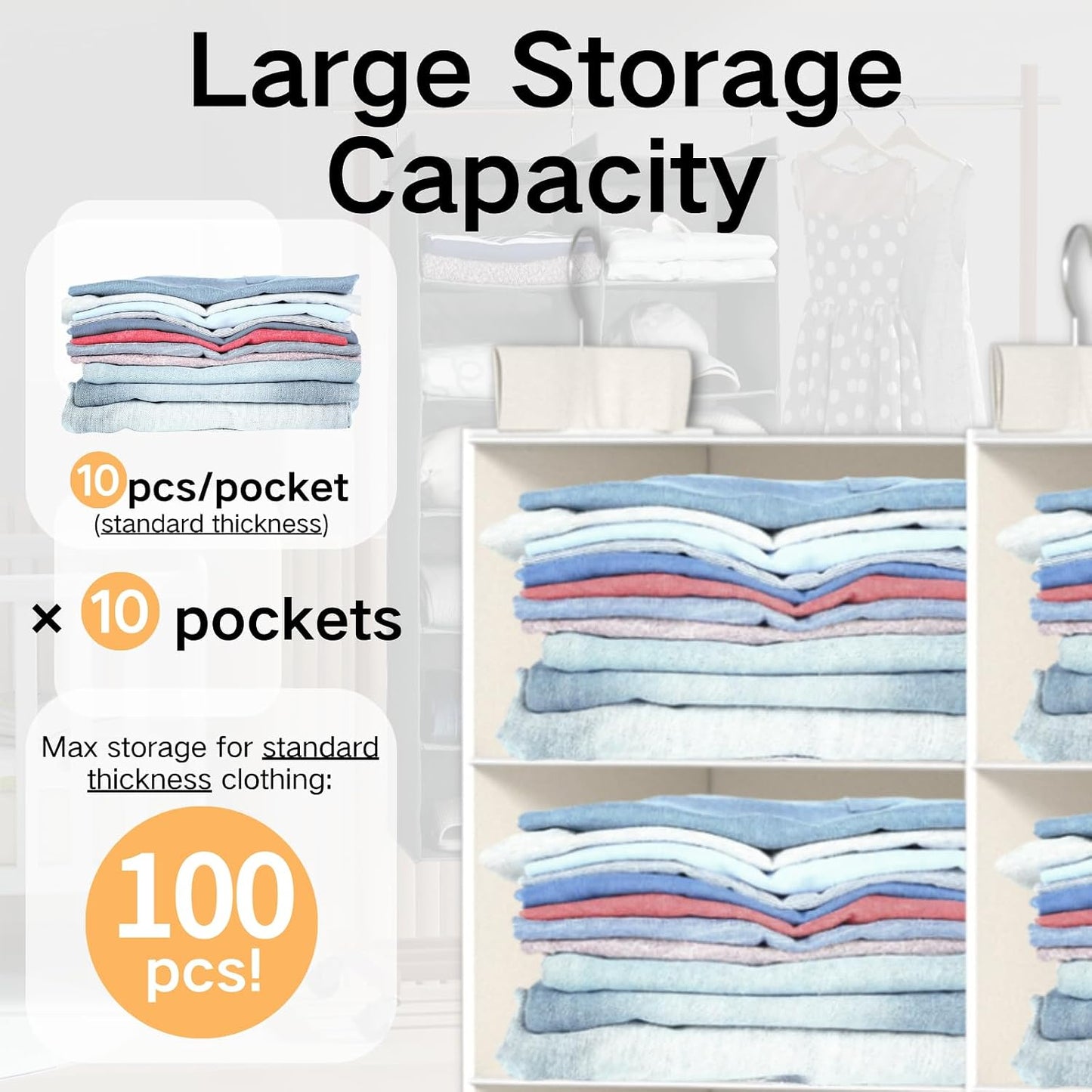 ALLTIDYUP Grey 5-Tier Hanging Closet Storage Organizer - Space-Saving Dual-Row Foldable Shelves with 3 Hooks, Wardrobe Organizer for Dorm, Bedroom, Clothes and Accessories