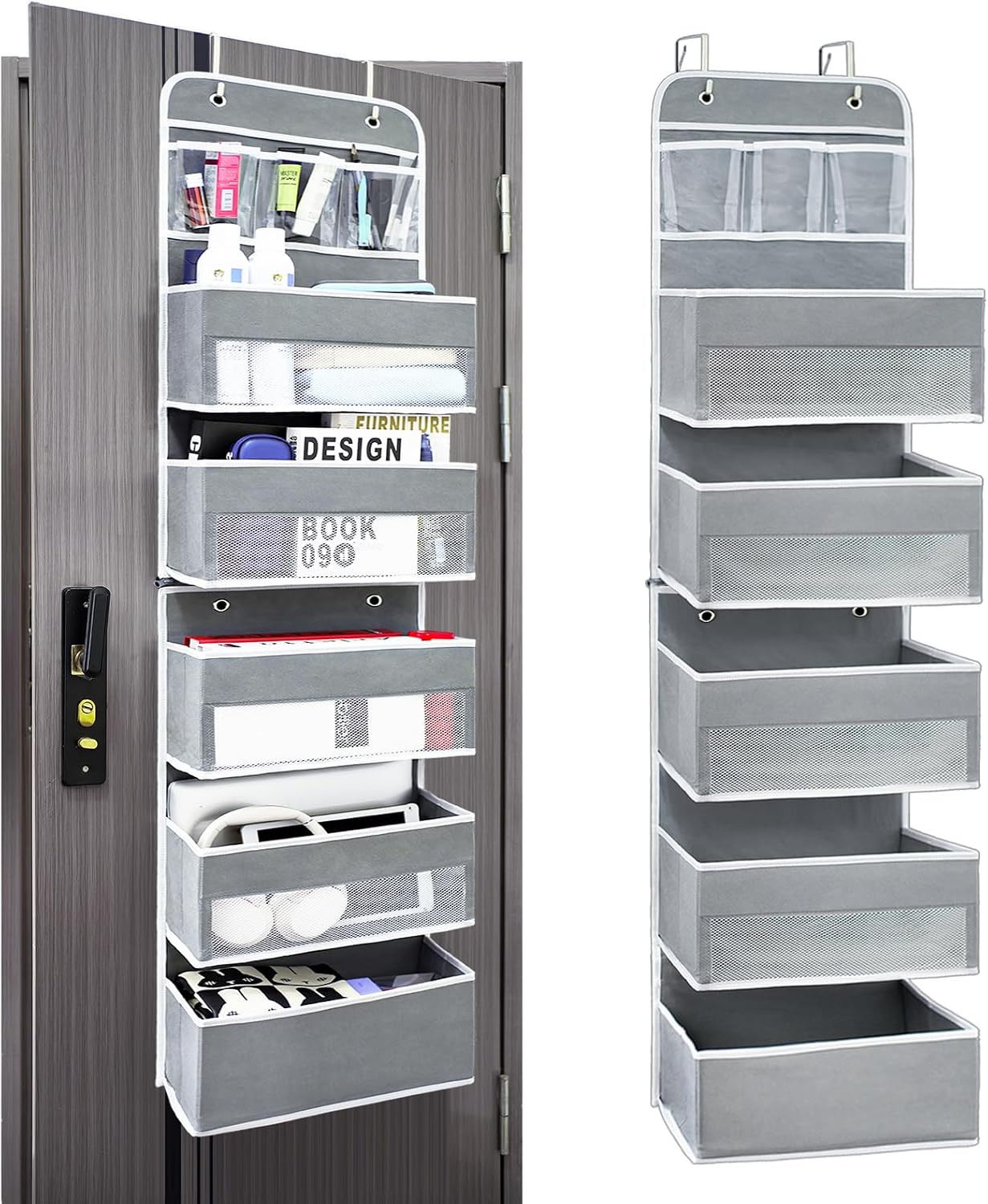 Over The Door Organizer with LifetimeWarranty, 4 Shelves & 4 Side Pockets, Large Storage Rack Holds 44lb, Heavy-Duty Reinforced Mesh Shelf for Bathroom, Closet, Toy Organization, Shoes, Towels, Grey