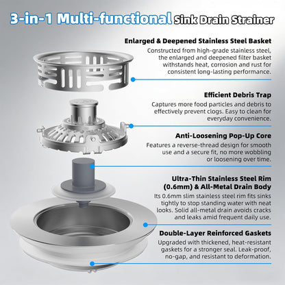 Hibbent Upgraded 3 in 1 Kitchen Sink Drain Strainer, Stainless Steel Pop Up Sink Stopper, Larger Anti-Clogging Basket, 3-Layer Seal, Detachable Drain Plug for US Standard 3-1/2" Drain, Brushed Nickel