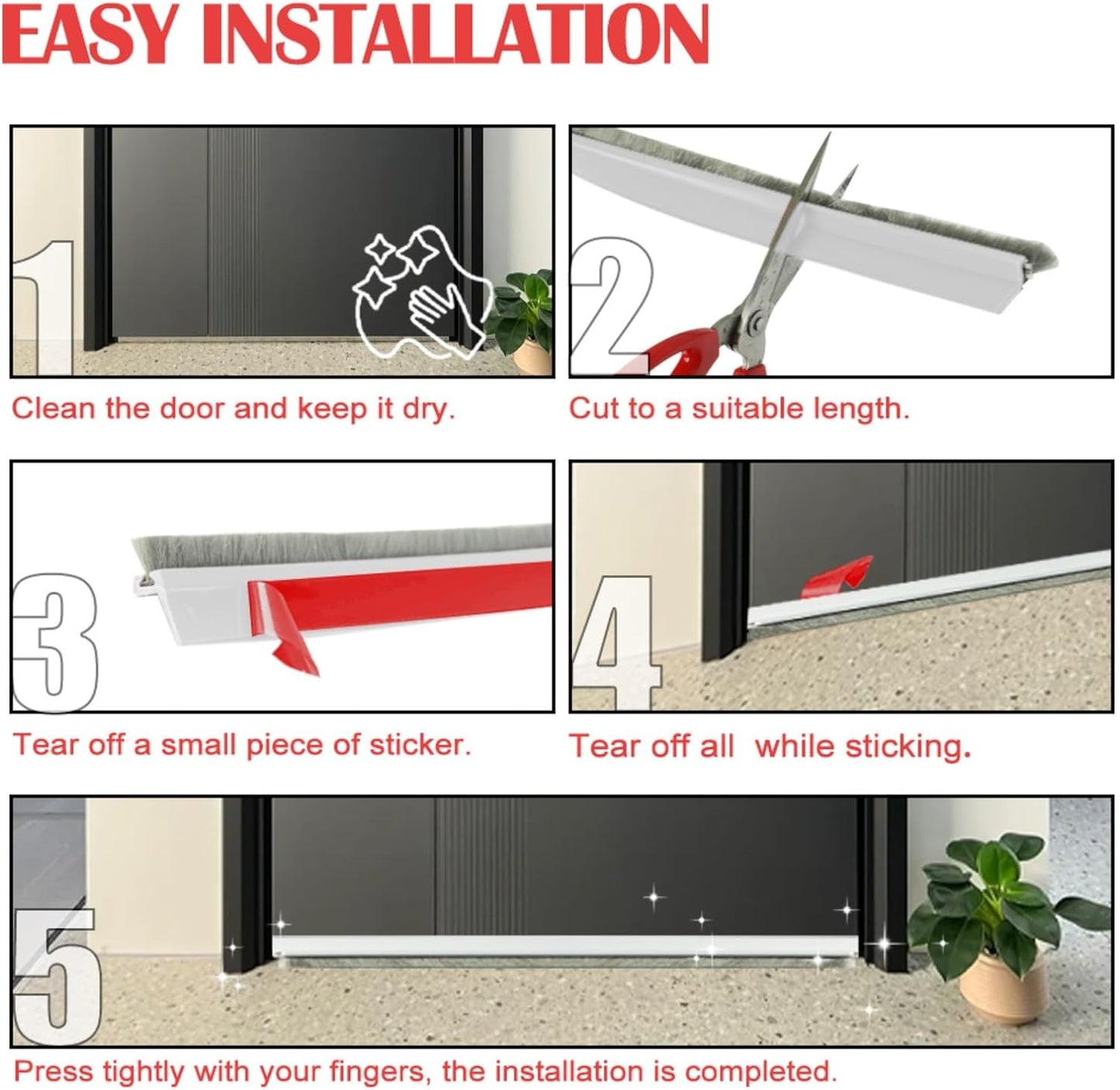 Door Sweep for Bottom of Door, 39.2" L Integrated Design with Brush, Self Adhesive Under Door Draft Stopper for Bottom of Door, Door Seal Dust/Noise/Hot or Cold Air Insulation, White 2" W